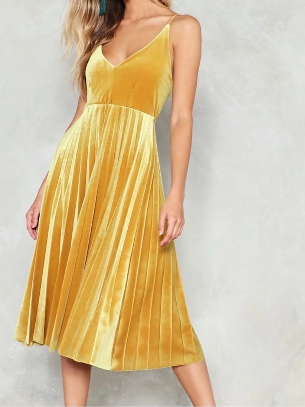 Nasty Gal Gold Velvet Pleated Midi Dress